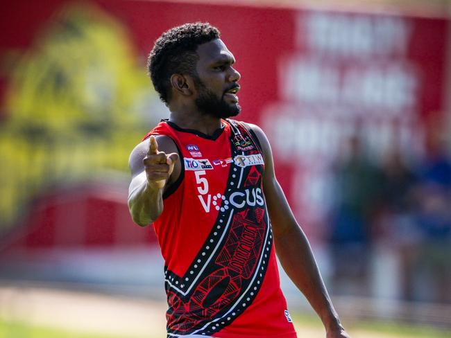 Kim Kantilla playing for the Tiwi Bombers in the 2024-25 NTFL season. Picture: Patch Clapp / AFLNT Media