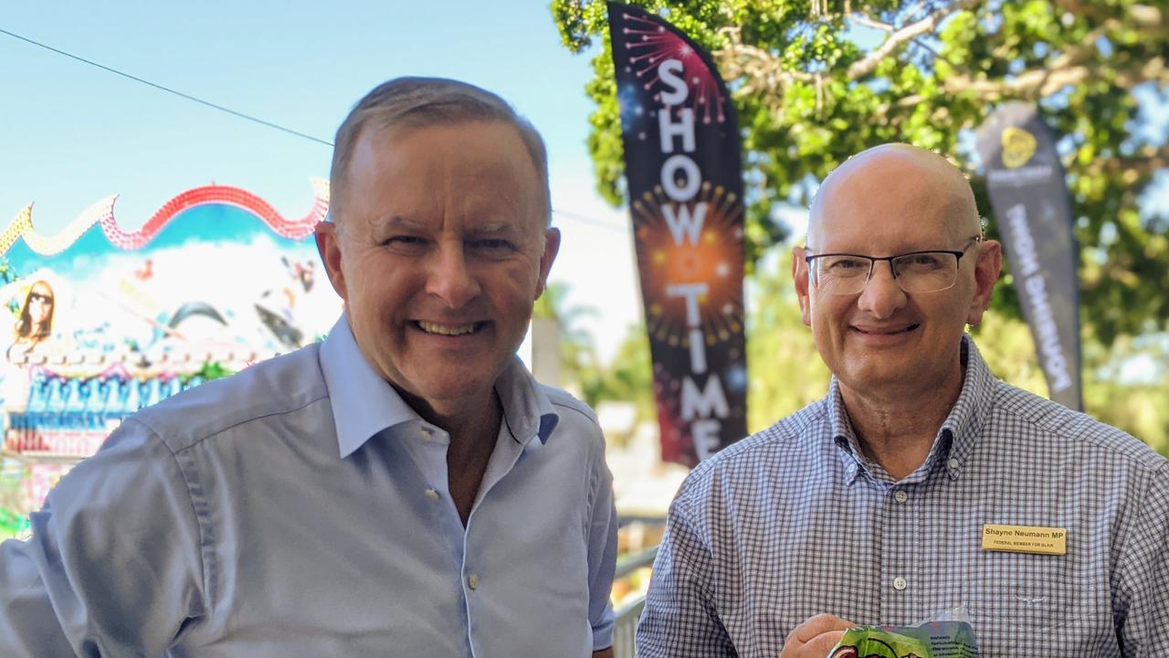 There have been big spending announcements in Labor MP for Blair, which is Shayne Neumann’s seat. He’s pictured above right, with Anthony Albanese. Picture: Ebony Graveur