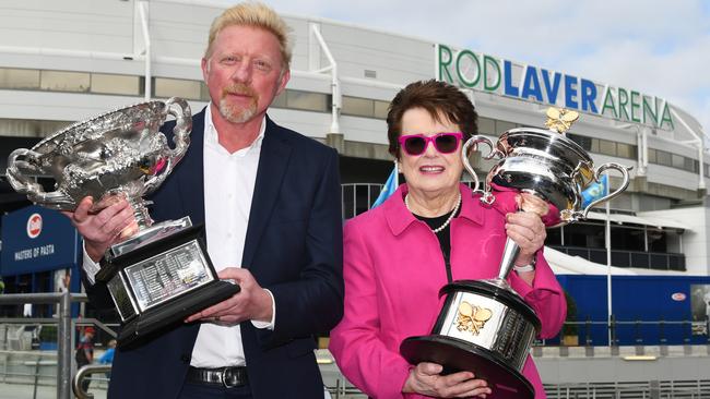 Former Australian Open champions Boris Becker and Billie Jean King with the championship trophies today. Picture: Getty Images