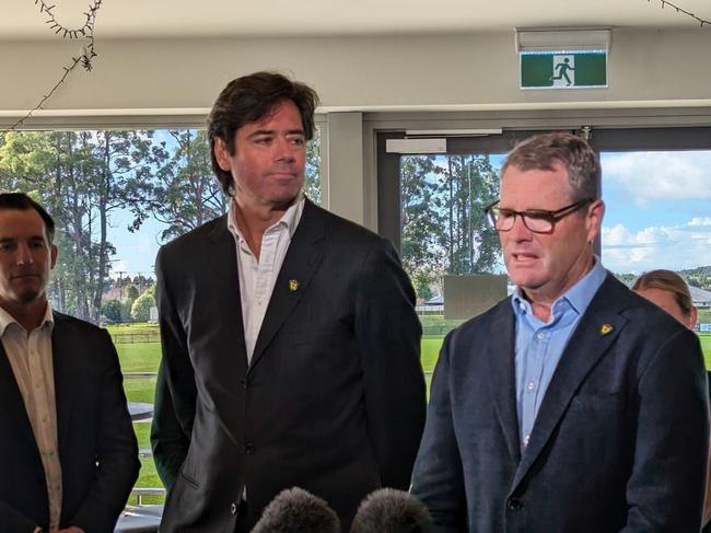 AFL chief executive Gillon McLachlan with Tasmanian AFL Clubâ&#128;&#153;s inaugural chair Grant O'Brien at Dial Park, home of the Penguin Two Blues.