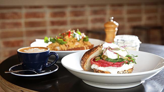 The beetroot cured salmon bagel with soft herbs, crispy capers and hung yoghurt. . Picture: Adam Yip