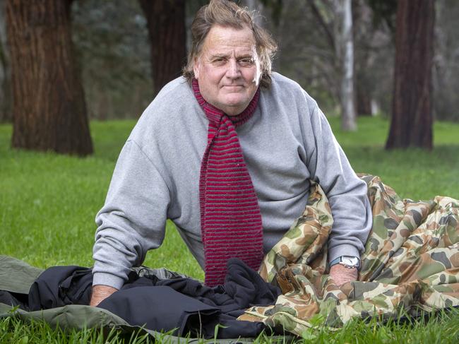 ADELAIDE, AUSTRALIA - Advertiser Photos AUGUST 11, 2022: Advertiser and Sunday Mail Blanket appeal. Peter a Hutt Street client testing some of the Blanket appeals offerings in the Parklands. Photographer Emma Brasier