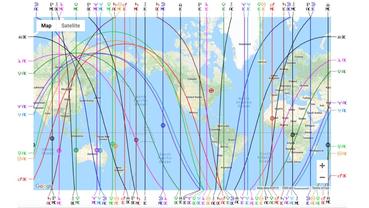 An astrocartography map. Picture: Astro.com