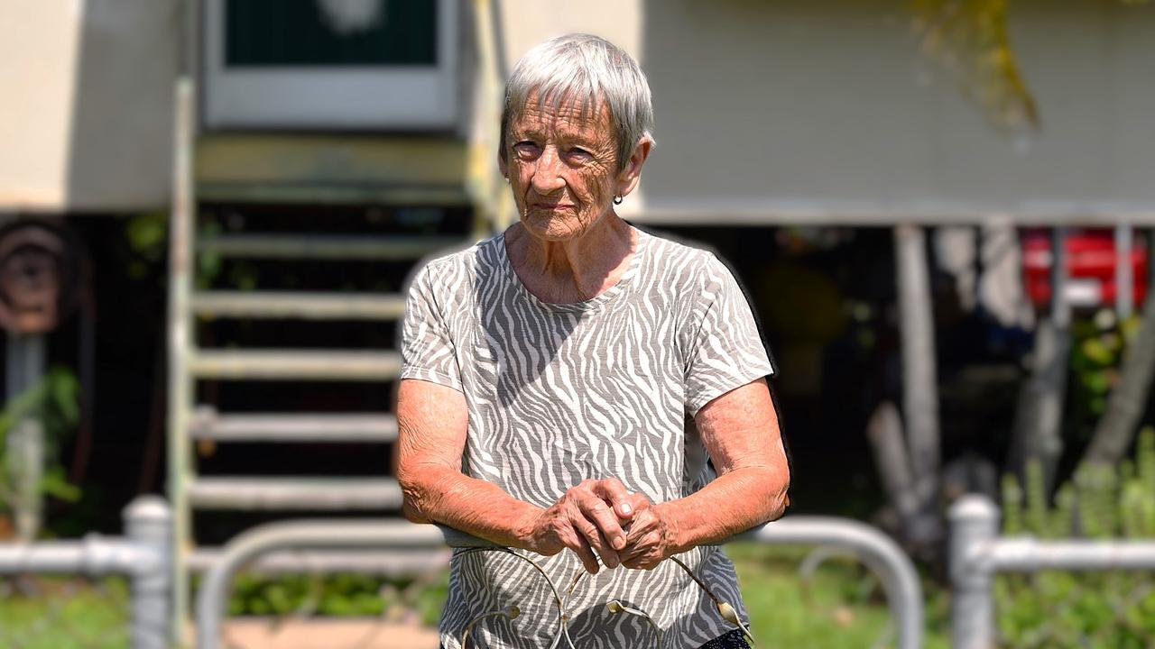 Elderly grandmother Margaret Tadd, 89, outside her home of 30 years on Twelfth Avenue, Railway Estate, Townsville. Ms Tadd said news that she had to leave the property was one of the worst things she had experienced in her life, including being diagnosed with cancer. Picture: Daniel Shirkie