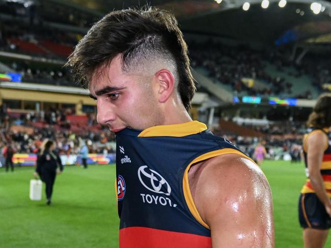 ADELAIDE, AUSTRALIA - APRIL 19:   Josh Rachele of the Crows   leave the ground after losing the round six AFL match between Adelaide Crows and Essendon Bombers at Adelaide Oval, on April 19, 2024, in Adelaide, Australia. (Photo by Mark Brake/Getty Images)