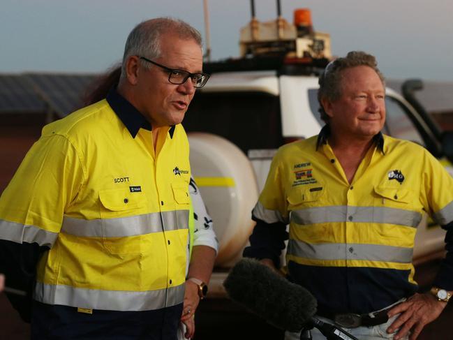 The Prime Minister of Australia Scott Morrison has spent the second day of his visit to Western Australia at the Christmas Creek mine site in The PIlbara. PIctured is the Prime MInister with FMG CEO Andrew Forrest at the site in the states North West on April 15, 2021. Picture - Justin Benson-Cooper / The West Australian