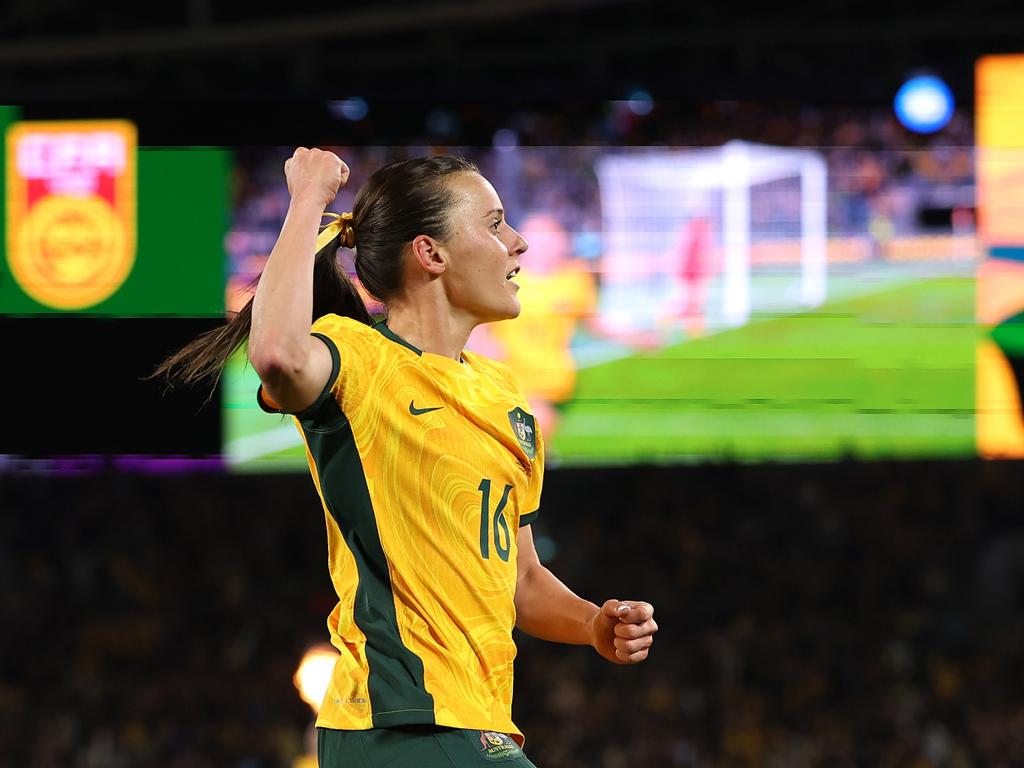 SYDNEY, AUSTRALIA - JUNE 03: Hayley Raso of Australia celebrates scoring a goal during the international friendly match between Australia Matildas and China PR at Accor Stadium on June 03, 2024 in Sydney, Australia. (Photo by Mark Metcalfe/Getty Images)