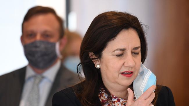 BRISBANE, AUSTRALIA - NewsWire Photos - JULY 15, 2021. Queensland Premier Annastacia Palaszczuk and her deputy Steven Miles arrive for a press conference to provide a Covid update.Picture: NCA NewsWire / Dan Peled