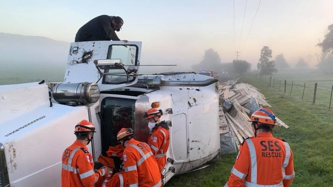 Lilydale SES volunteers at the truck rollover in Yering. Picture: Lilydale SES