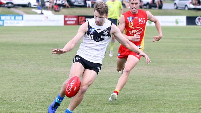 Mackenzie Willis gets a kick away during a NEAFL game between the Southport Sharks and Gold Coast Suns at Fankhauser Reserve last year. Photo of Photo by Richard Gosling