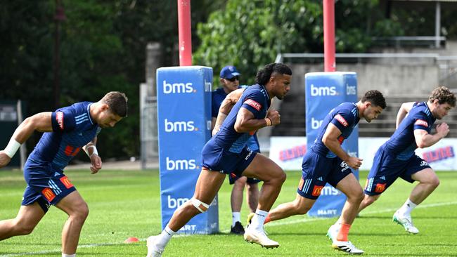 Stephen Crichton and teammates during the NSW Blues State of Origin Squad training session at Ballymore Stadium in Brisbane. (Photo by Bradley Kanaris/Getty Images)