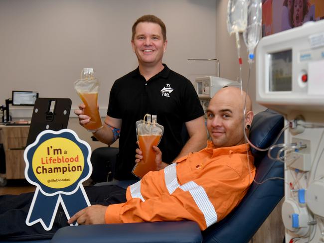 Adrian Farren and  Cody Sims and  at the Townsville Lifeblood Donor Centre. Picture: Evan Morgan