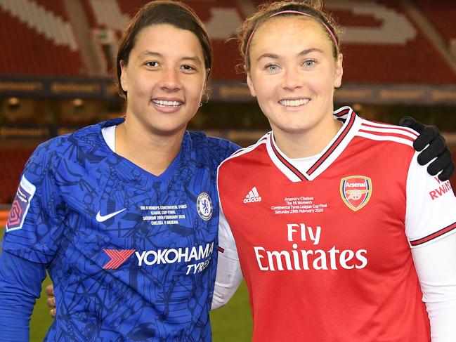 NOTTINGHAM, ENGLAND - FEBRUARY 29: Sam Kerr of Chelsea and fellow Australian Caitlin Foord of Arsenal pose for a photograph following the FA Women's Continental League Cup Final Chelsea FC Women and Arsenal FC Women at City Ground on February 29, 2020 in Nottingham, England. (Photo by Ross Kinnaird/Getty Images)