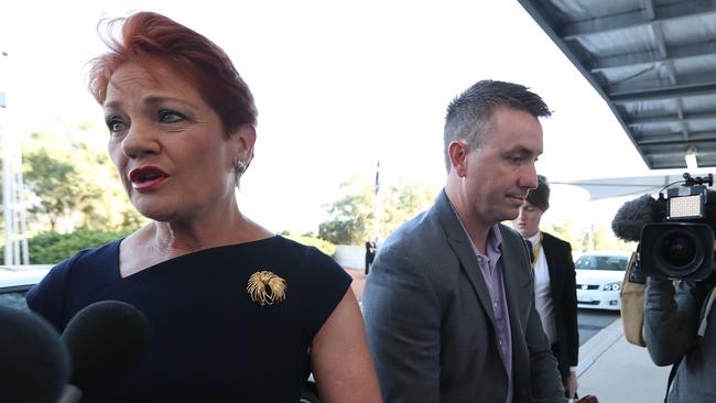 Pauline Hanson and James Ashby arrive at Parliament House this morning. Picture: Kym Smith