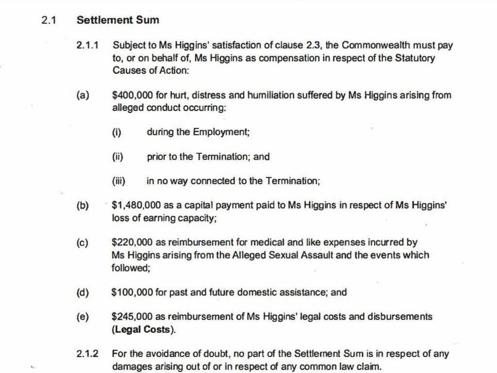 The financial details of Brittany Higgins' payout from the government. Picture: Supplied.