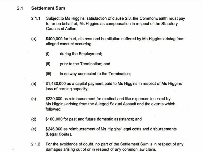 The financial details of Brittany Higgins' payout from the government. Picture: Supplied.