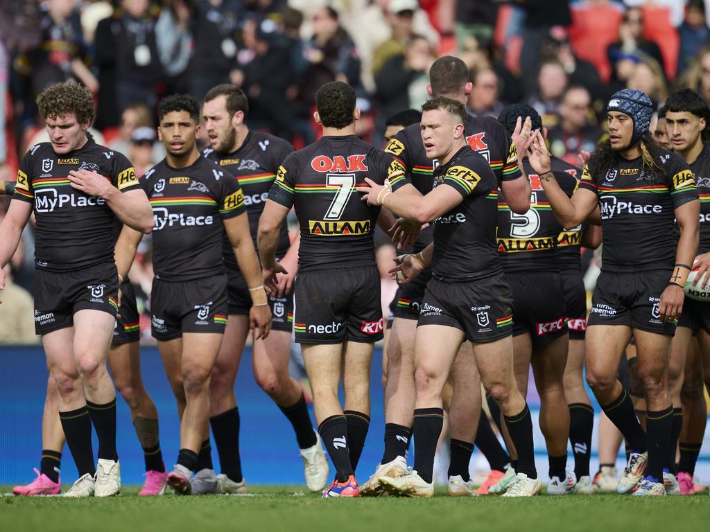 Panthers players celebrate a try scored by Casey McLean. Picture: Brett Hemmings/Getty Images