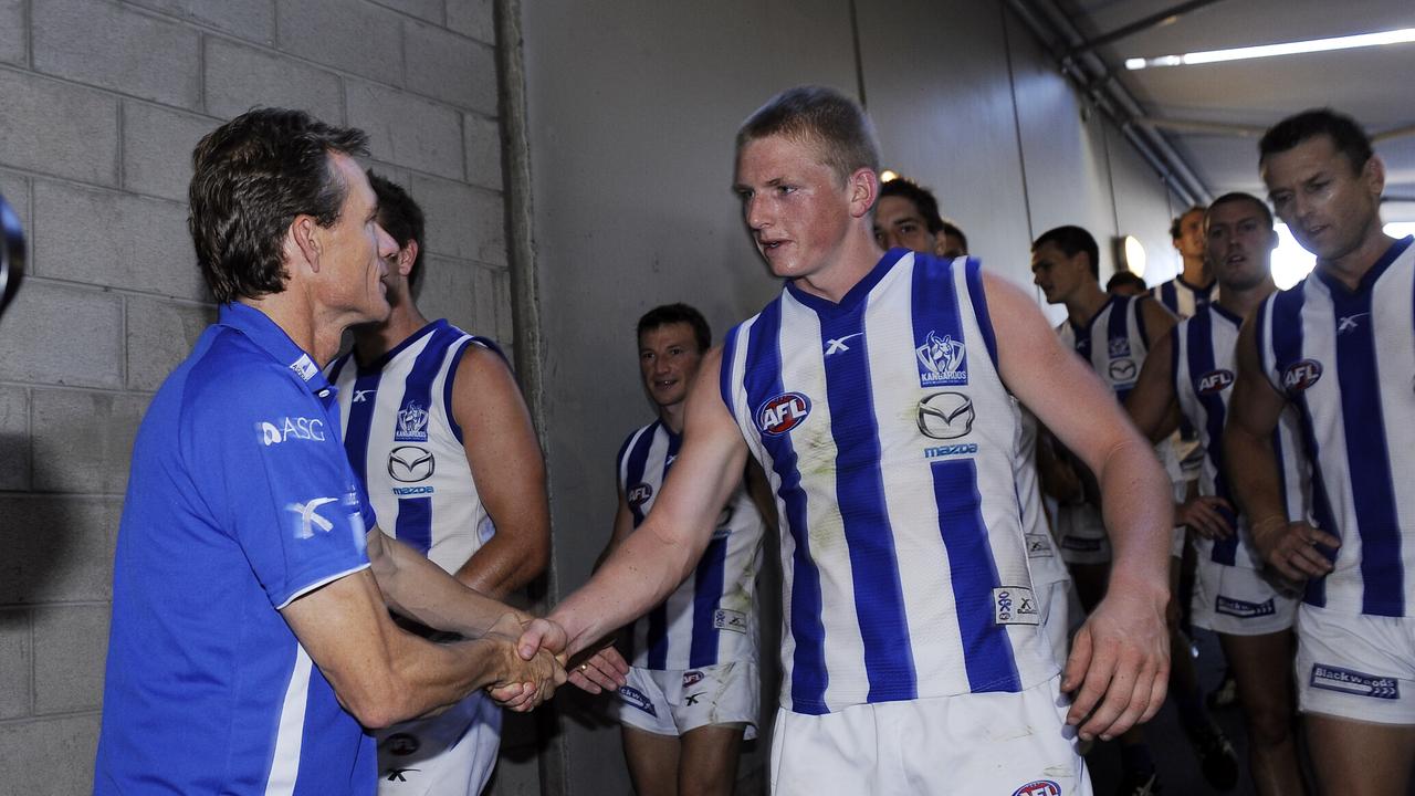 Jack Ziebell shakes the hand of coach Dean Laidley after his debut game.