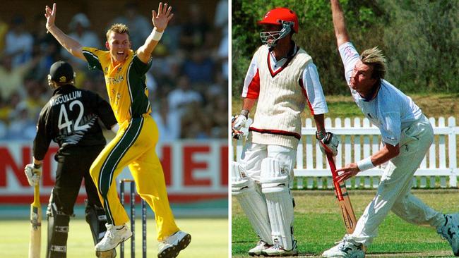 Brett Lee strikes against New Zealand during the 2003 World Cup, and at full tilt for Mosman during the same year.