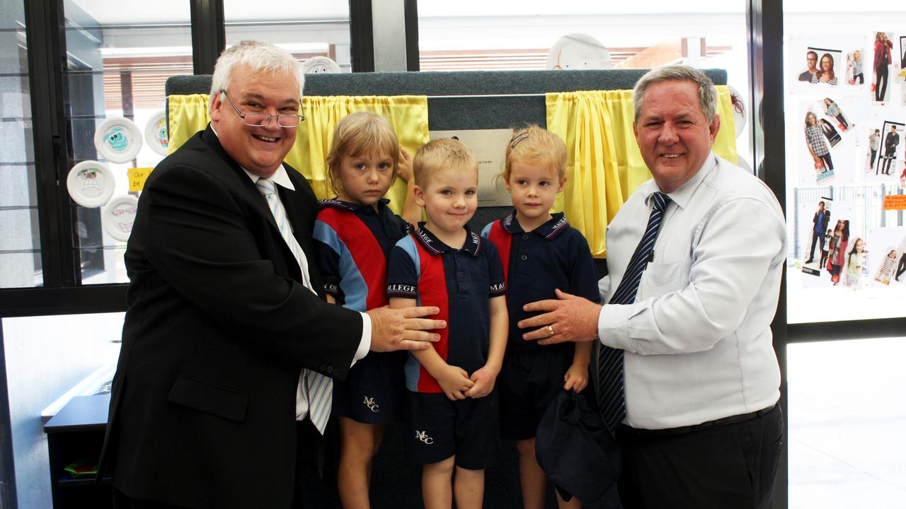 (Left to right MCC Principal Pastor Dr Craig Murison, Pre-prep students, Kelley Dixon, Michael Dunning and Aria Holt, and Member for Mackay Mr Tim Mulherin unveil the Mackay Christian College Pre-prep Learning Centre plaque). Photo: Contributed