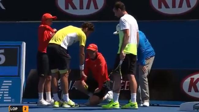 A ball boy takes a 200kmh serve to the groin. Ouch. Picture courtesy Channel 7