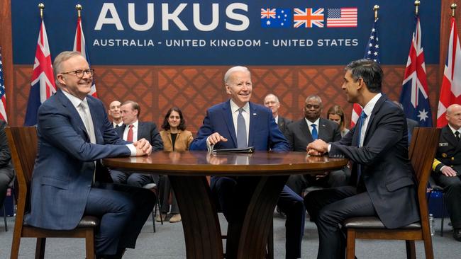 Anthony Albanese, Joe Biden and Rishi Sunak announced the AUKUS agreement in San Diego in March. Picture: US Embassy Australia