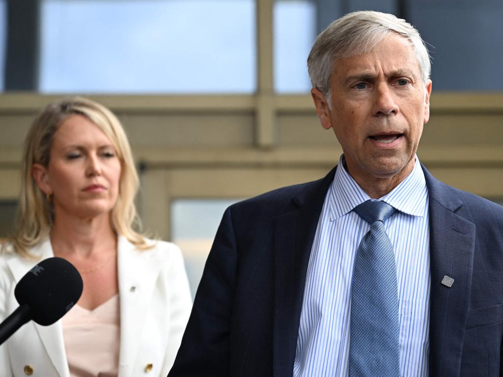 Barry Pollack, Assange’s US lawyer, addresses the media beside Assange’s Aussie lawyer Jennifer Robinson. Picture: AFP