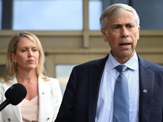 Barry Pollack, Assange’s US lawyer, addresses the media beside Assange’s Aussie lawyer Jennifer Robinson. Picture: AFP