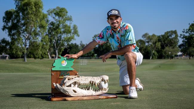 Sydney golfer Austin Bautista with the Tailor-made Building Services NT PGA Championship trophy at Palmerston Golf and Country Club on May 8, 2022. Photo: Taylah Somerville