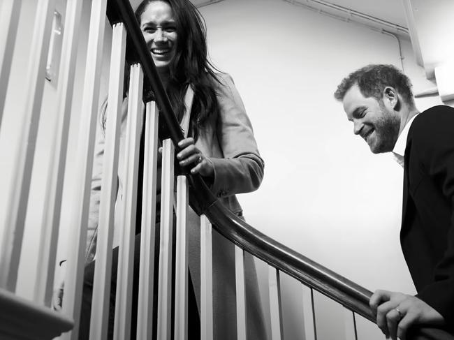 Meghan Ms Markle shares a laugh with Prince Harry in a still from volume two of Harry &amp; Meghan. Picture: Netflix