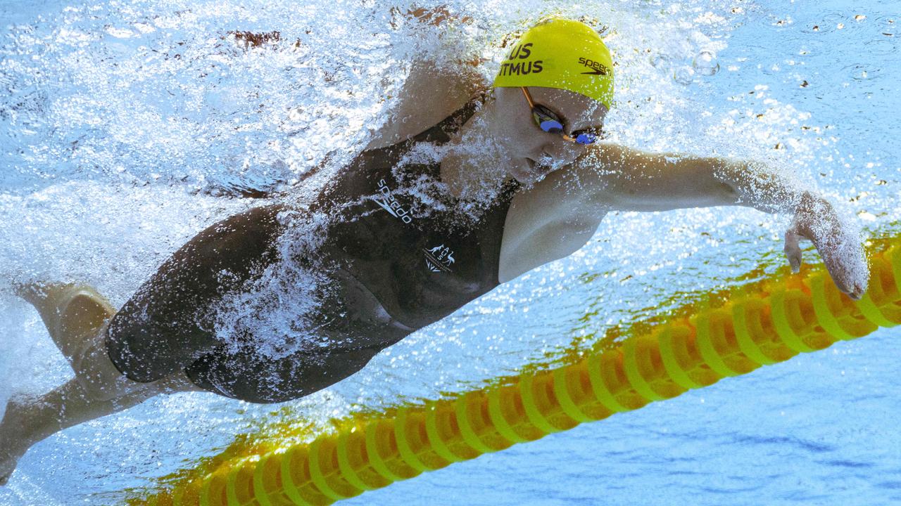 Australia's Ariarne Titmus competes in her leg of the women's 4x200m freestyle relay swimming final.