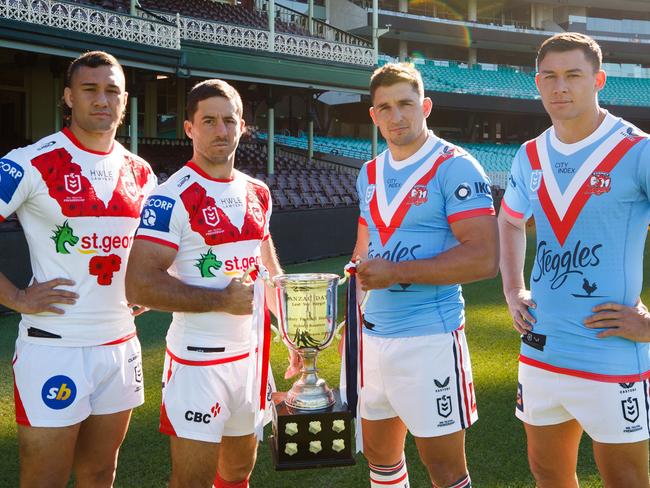 DAILY TELEGRAPH 21ST APRIL 2022St George Illawarra players Ben Hunt and Jaydn Su'A Sydney Roosters players Victor Radley and Joseph Manu ahead of Monday's Anzac game at the Sydney Cricket ground. Photo of (L to R) Jaydn SuÃA, Ben Hunt, Victor Radley, & Joseph Manu.Photo: Tim Pascoe