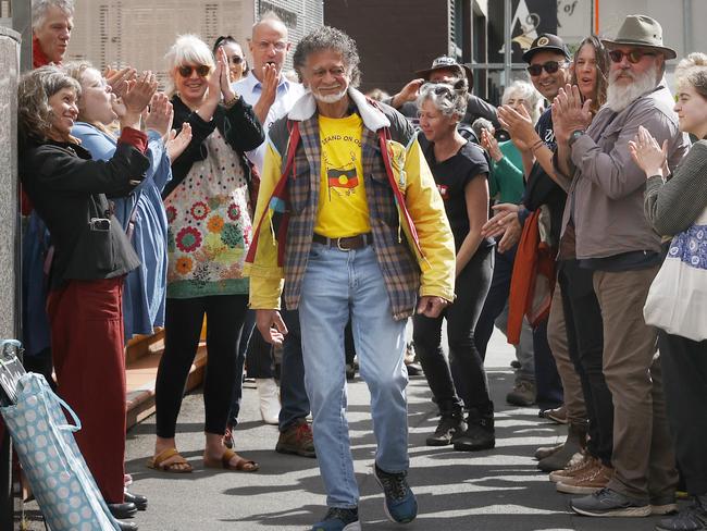 Palawa Elder Jim Everett out the front of Hobart Magistrates Court as he was due to appear in relation to on charges of trespass in a forest logging coupe.  Picture: Nikki Davis-Jones