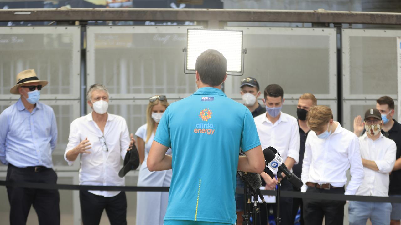 Pat Cummins faces the media for the first time since Justin Langer resigned. Picture: Getty Images