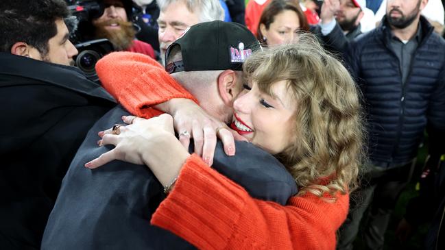 Travis Kelce celebrates with Taylor Swift after a 17-10 victory against the Baltimore Ravens in the AFC Championship Game. Picture: Getty