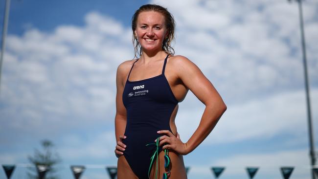 Olympic champion Ariarne Titmus poses at Gold Coast Aquatic Centre on February 06, 2023. (Photo by Chris Hyde/Getty Images)