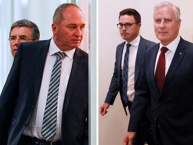 Barnaby Joyce (left) and Nationals leader Michael McCormack (right) and deputy leader David Littleproud (centre).