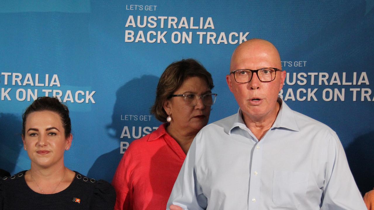 Federal Opposition leader Peter Dutton with NT Chief Minister Lia Finocchiaro and South Australian Senator Kerrynne Liddle in Alice Springs on Wednesday, January 29, 2025. Picture: Gera Kazakov