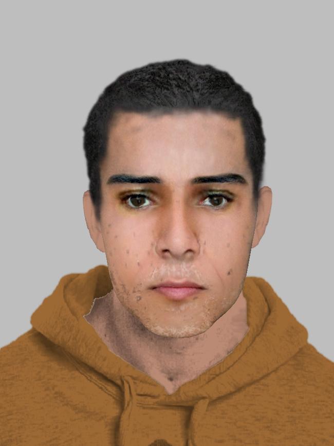 One of the men has been depicted as aged in his 20s, with brown eyes, black hair and is wearing a brown hooded jacket. Picture: NSW Police