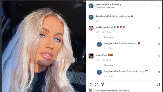 Keely Hannah has been accompanying Bernard Tomic around Melbourne Park. The Gold Coaster and Tomic have been exchanging love themed emojis on Instagram. Picture: Instagram