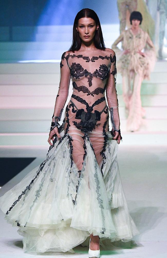 Bella Hadid in a sheer gown by Jean-Paul Gaultier. Picture: AFP