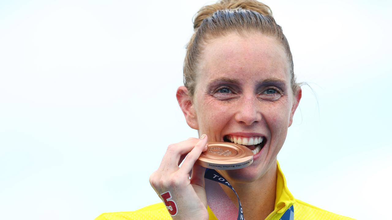 Bronze medallist Kareena Lee of Team Australia poses after the Women's 10km Marathon Swimming on day twelve of the Tokyo 2020 Olympic Games. Picture: Clive Rose/Getty Images