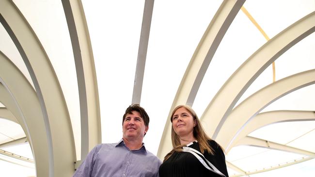 Inglis managing director Mark Webster and chief commercial officer Bonnie Connellan at Riverside Stables in Warwick Farm. Picture: Angelo Velardo