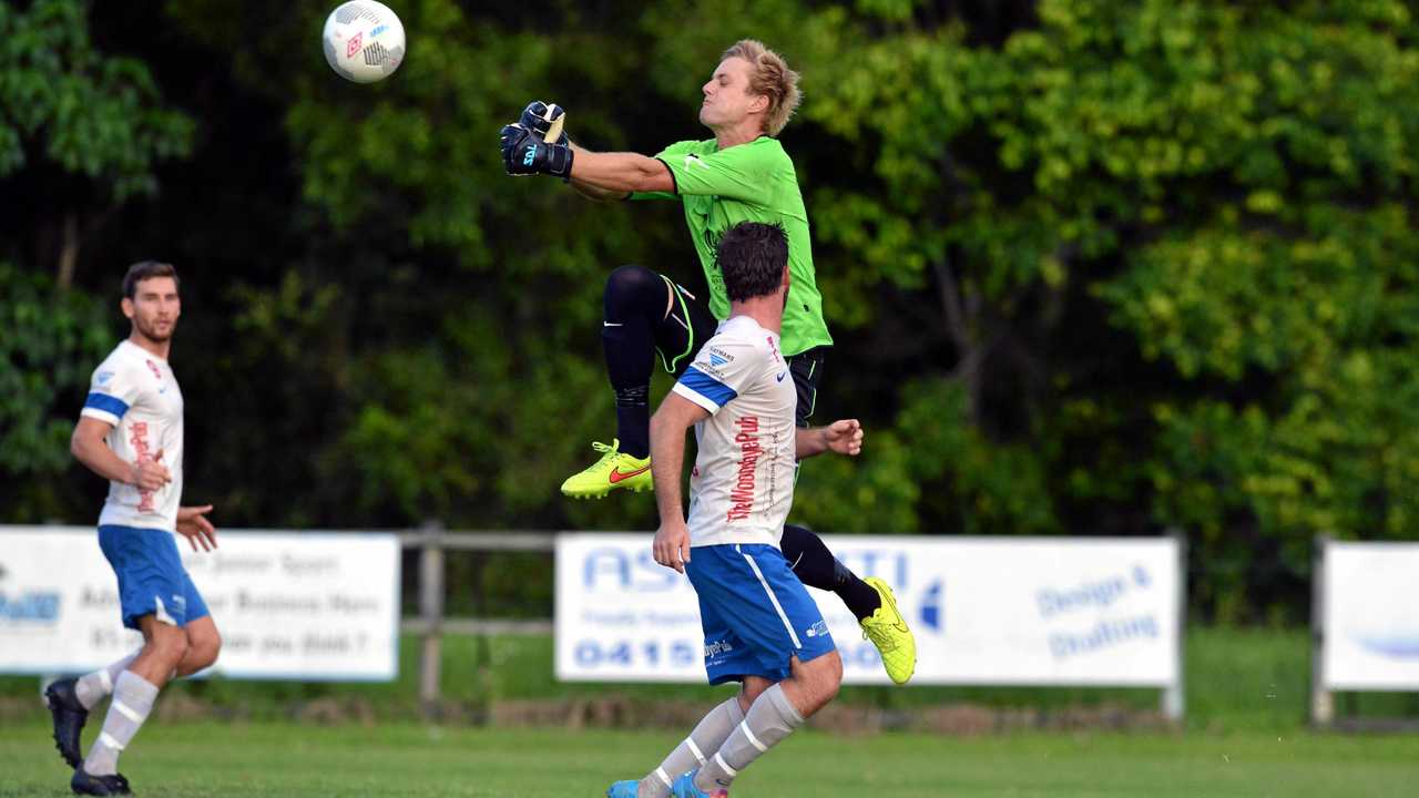 FFA Cup round one, soccer: Maroochydore Vs Woombye at Maroochydore Road, Kuluin, February 28, 2015: Tim Cornthwaite, Maroochydore's gold keeper goes high fo the ball.Photo Patrick Woods / Sunshine Coast Daily. Picture: Patrick Woods