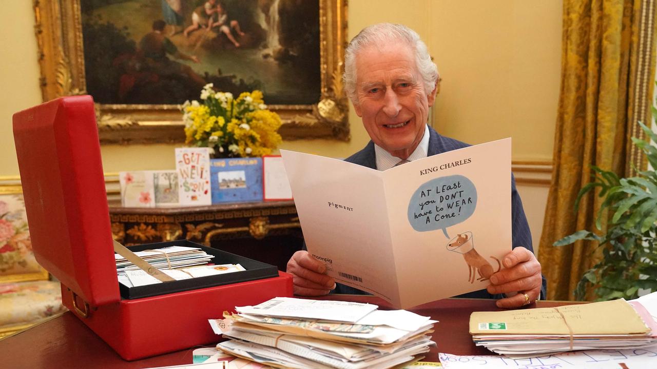 King Charles III reads cards and messages from wellwishers following his cancer diagnosis. Picture: Jonathan Brady / POOL / AFP