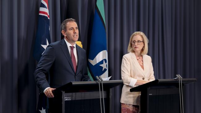 Treasurer Jim Chalmers and Finance Minister Katy Gallagher announce a second Labor budget surplus is in striking distance. Picture: NCA NewsWire / David Beach