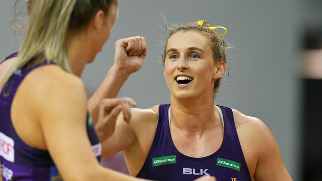 ADELAIDE, AUSTRALIA – SEPTEMBER 09: Gabi Simpson of the Firebirds celebrates winning the first quarter during the round 11 Super Netball match between the Adelaide Thunderbirds and the Queensland Firebirds at Priceline Stadium on September 09, 2020 in Adelaide, Australia. (Photo by Mark Brake/Getty Images)