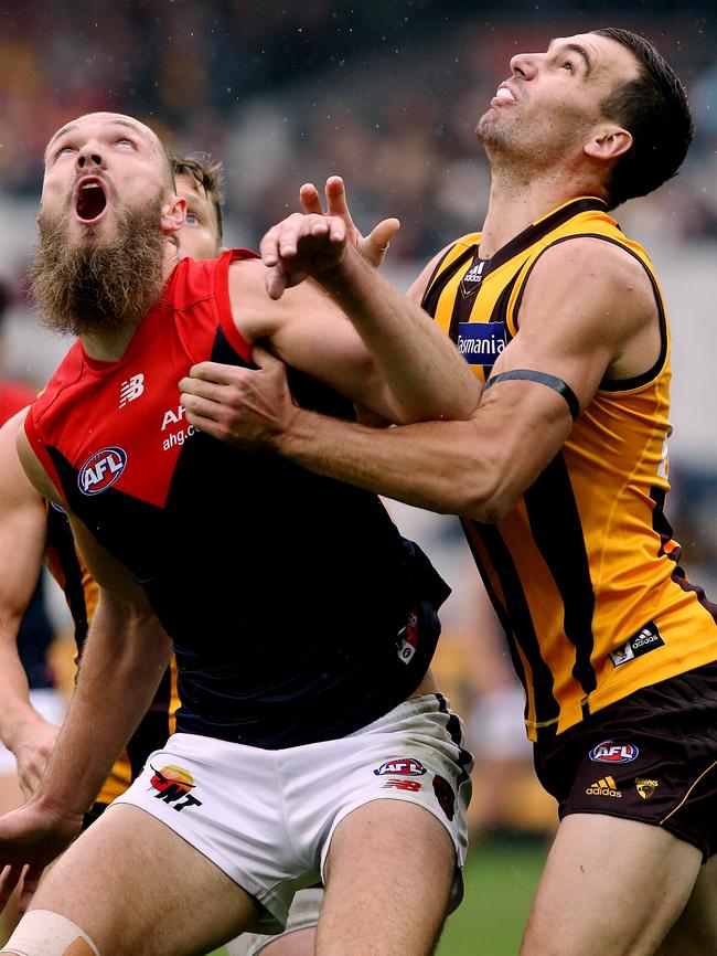 Max Gawn and Jonathon Ceglar. Picture: Wayne Ludbey