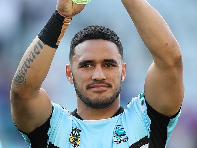 Cronulla's Valentine Holmes celebrates victory after the Cronulla Sharks v Bulldogs NRL match at ANZ Stadium, Homebush. Picture: Brett Costello