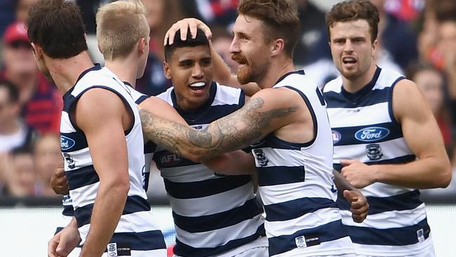 Tim Kelly celebrates his first AFL game on debut in Round 1 last year. Picture: Getty Images